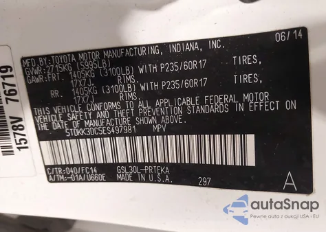 2014 Toyota Sienna Le V6 8 Passenger from USA, damaged, VIN 5TDKK3DC5ES497981